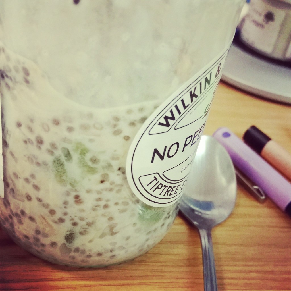 In a jar with a lid, add three tablespoons of chia seeds with 205ml of milk (I like almond or soya). Simply shake them up and leave to soak overnight in the fridge, in the morning they’ll be ready to eat. A great on the go snack or brekkie! I also like to add fruit and spices, like cinnamon or chocolate protein powder